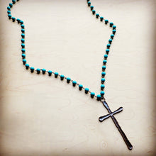 Load image into Gallery viewer, Turquoise Long Beaded Necklace w Antique Copper Cross 255r