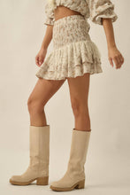 Load image into Gallery viewer, Floral and Lace Smocked Drop-Waist Ruffle Mini Skirt: Oatmeal-Yellow / S