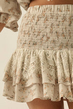 Load image into Gallery viewer, Floral and Lace Smocked Drop-Waist Ruffle Mini Skirt: Oatmeal-Yellow / M
