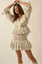 Load image into Gallery viewer, Floral and Lace Smocked Drop-Waist Ruffle Mini Skirt: Oatmeal-Yellow / S