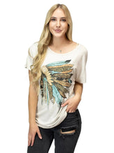 Load image into Gallery viewer, Tailored West Liberty Wear Vibrant Headdress Short Sleeve V-Neck Top - Oatmeal
