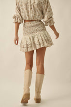 Load image into Gallery viewer, Floral and Lace Smocked Drop-Waist Ruffle Mini Skirt: Oatmeal-Yellow / S