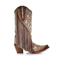 Load image into Gallery viewer, Studs Embroidery and Fringe Boots - Saddle Lamb