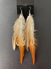 Load image into Gallery viewer, Designed and handmade in America by Tailored West™ Carmel and Pearls Feather Earrings - Carmel, Taupe and Pearl
