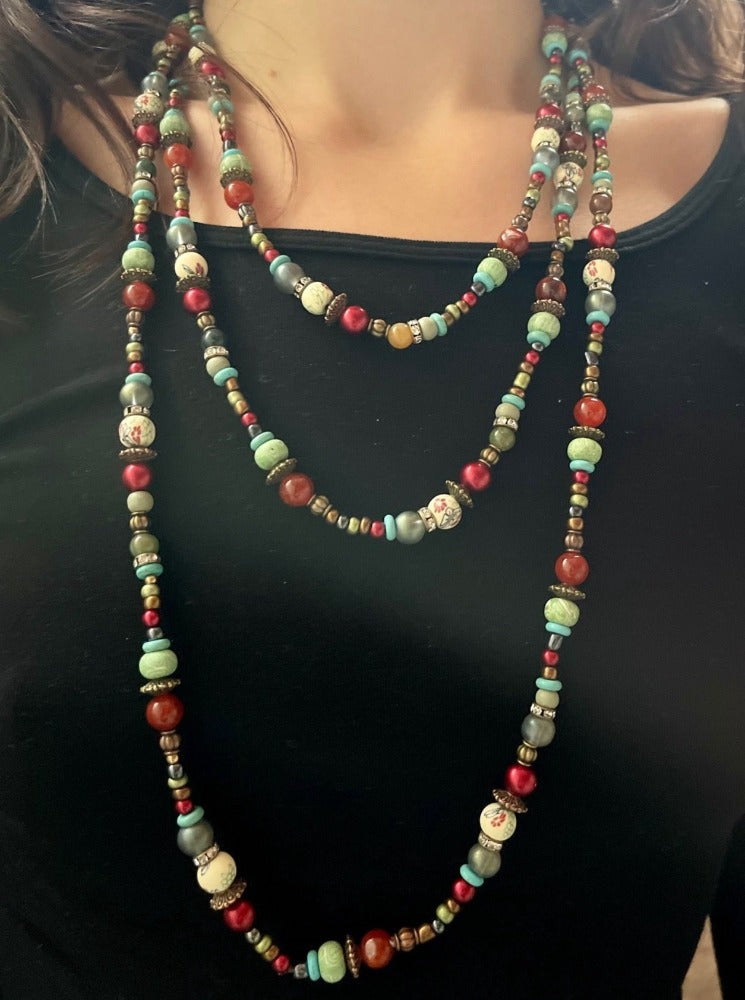 Made by Tailored West Jewelry Monarch Collection Necklaces Handmade Made in America USA 72-inch long beaded statement necklace fire agate