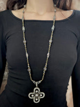 Load image into Gallery viewer, Tailored West Jewelry Gold Rush Collection Necklaces handmade in America USA Long beaded and bling necklace with floral pendant with rhinestones and pearls