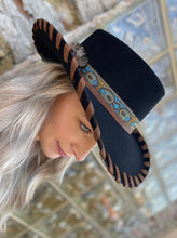 Load image into Gallery viewer, Tailored West Customized Upleveled Black Ellsworth Bailey Hat with Embellished Leather Band and Stitching