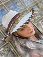 Load image into Gallery viewer, Tailored West Embellished Mist Hickstead Bailey Western Hat with Custom Brown Leather Band and Stitching, feathers, conchos, burlap, braid
