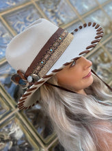 Load image into Gallery viewer, Tailored West Embellished Mist Hickstead Bailey Western Hat with Custom Brown Leather Band and Stitching, feathers, conchos, burlap, braid