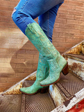 Load image into Gallery viewer, Gold Stamped Floral Snip Toe Cowboy Boot - Turquoise