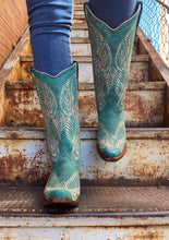 Load image into Gallery viewer, White Feather Embroidery Turquoise Boot
