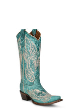 Load image into Gallery viewer, White Feather Embroidery Turquoise Boot