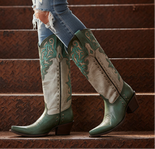 Load image into Gallery viewer, TURQUOISE OVERLAY EMBROIDERY AND STUDS TALL TOP BONE SNIP TOE COWBOY BOOT