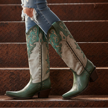 Load image into Gallery viewer, TURQUOISE OVERLAY EMBROIDERY AND STUDS TALL TOP BONE SNIP TOE COWBOY BOOT