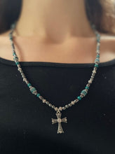 Load image into Gallery viewer, Made by Tailored West Jewelry Monarch Collection Necklaces Handmade Made in America USA Beaded cross necklace with hematite and chrysocolla stones
