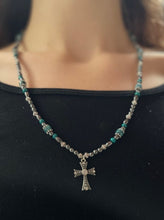 Load image into Gallery viewer, Made by Tailored West Jewelry Monarch Collection Necklaces Handmade Made in America USA Beaded cross necklace with hematite and chrysocolla stones