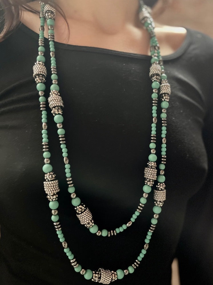 Made by Tailored West Jewelry Monarch Collection Necklaces Handmade Made in America USA Beaded necklace with hematite beads and turquoise and silver colored beads 66 inches long