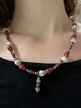 Load image into Gallery viewer, Made by Tailored West Jewelry Red Rocks Collection Necklaces Handmade Made in America USA Coral and fire agate beads with green, silver and copper accents, beaded pendant
