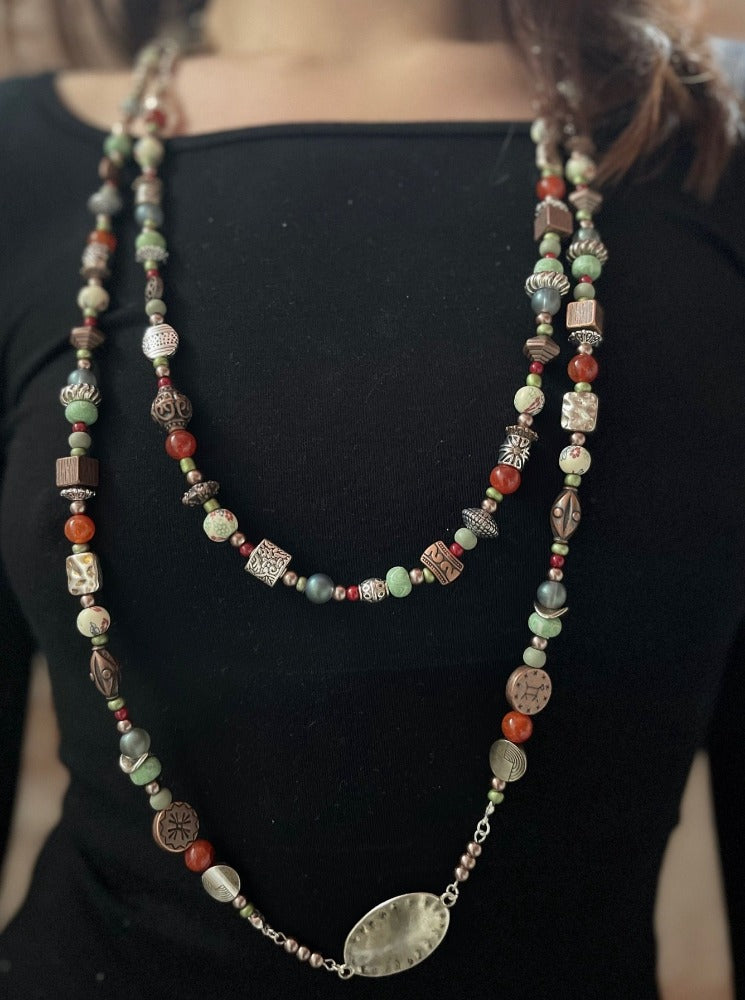 Made by Tailored West Jewelry Red Rocks Collection Necklaces Handmade Made in America USA Coral, fire agate, beads 66 inch long beaded statement necklace
