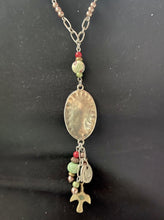Load image into Gallery viewer, Made by Tailored West Jewelry Red Rocks Collection Necklaces Handmade Made in America USA Coral beads with green, silver and copper accents, silver medallion pendant with dangles beads close up of pendant