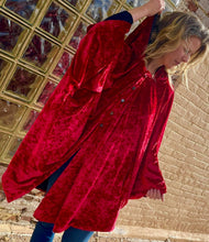 Load image into Gallery viewer, Made by Tailored West in Colorado Red Velvet Hooded Snap Front Cape with pockets Made in America Made in USA
