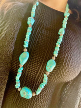 Load image into Gallery viewer, Tailored West Jewelry Southwestern Elegance Long Statement Necklace Silver with Chunky Turquoise dyed Howlite and Hematite stone beads 38 inches in length
