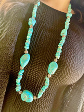 Load image into Gallery viewer, Tailored West Jewelry Southwestern Elegance Long Statement Necklace Silver with Chunky Turquoise dyed Howlite and Hematite stone beads 38 inches in length