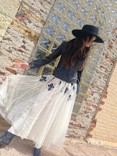 Load image into Gallery viewer, Velvet and Tulle Floral West Flared Lined Maxi Skirt - Black and Cream Designed and handmade in America by Tailored West™