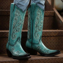 Load image into Gallery viewer, WHITE AND BLACK EMBROIDERY TURQUOISE SNIP TOE COWBOY BOOT