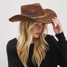 Load image into Gallery viewer, Distressed Fabric Band Cowgirl Fedora Hat