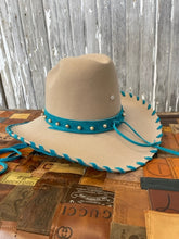 Load image into Gallery viewer, Customized Bailey Light Beige Cowgirl Hat with Turquoise Leather &amp; Silver Embellishments
