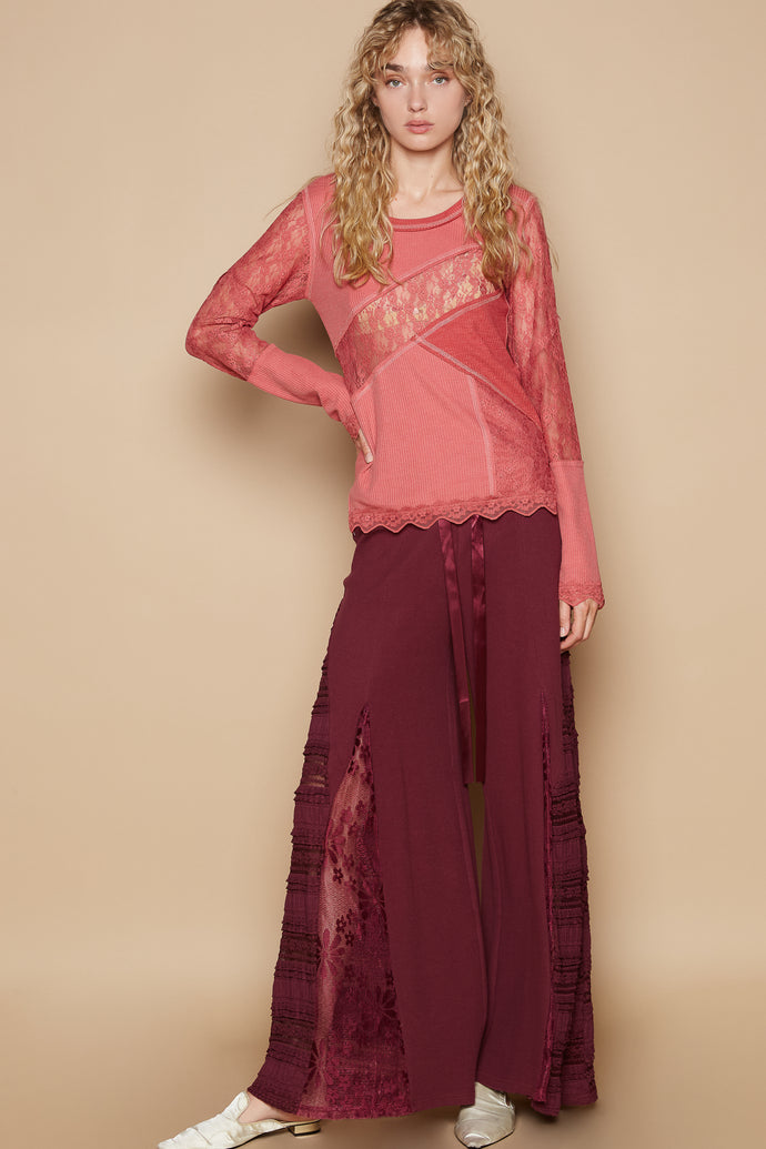 Wide Leg Pants with Lace and Satin Details - Burgundy