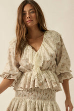 Load image into Gallery viewer, Floral Lace-Trim Ruffled V-Neck Top: Oatmeal-Yellow
