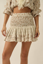 Load image into Gallery viewer, Floral and Lace Smocked Drop-Waist Ruffle Mini Skirt: Oatmeal-Yellow / S
