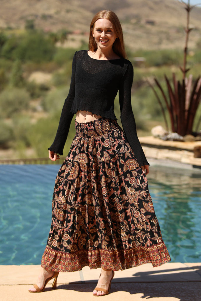Tiered Maxi Skirt with Smocked Waistband - Black Floral