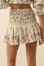 Load image into Gallery viewer, Floral and Lace Smocked Drop-Waist Ruffle Mini Skirt: Oatmeal-Yellow / M
