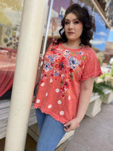 Load image into Gallery viewer, Designed and handmade in America by Tailored West™  Bossa Nova Short Sleeve Floral Top - Coral
