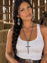 Load image into Gallery viewer, Turquoise Long Beaded Necklace w Antique Copper Cross 255r
