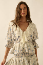 Load image into Gallery viewer, Floral Lace-Trim Ruffled V-Neck Top: Oatmeal-Yellow
