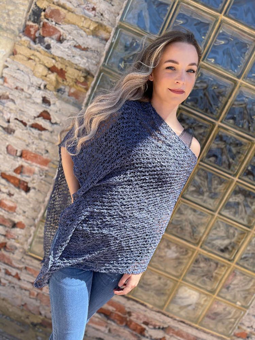 Open Knit Asymmetrical Poncho Top - Dusty Blue