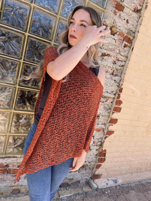 Open Knit Asymmetrical Poncho Top - Burnt Orange