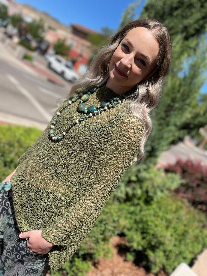 Open Knit Asymmetrical Poncho Top - Olive