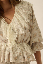 Load image into Gallery viewer, Floral Lace-Trim Ruffled V-Neck Top: Oatmeal-Yellow
