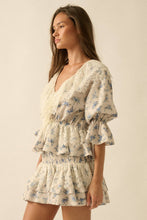 Load image into Gallery viewer, Floral Lace-Trim Ruffled V-Neck Top: Oatmeal-Yellow

