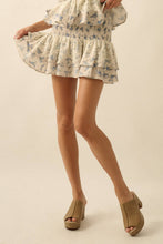 Load image into Gallery viewer, Floral and Lace Smocked Drop-Waist Ruffle Mini Skirt: Oatmeal-Yellow / S
