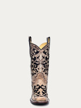 Load image into Gallery viewer, Brown Inlay, Flowered Embroidery &amp; Crystal Studs Square Toe Boots
