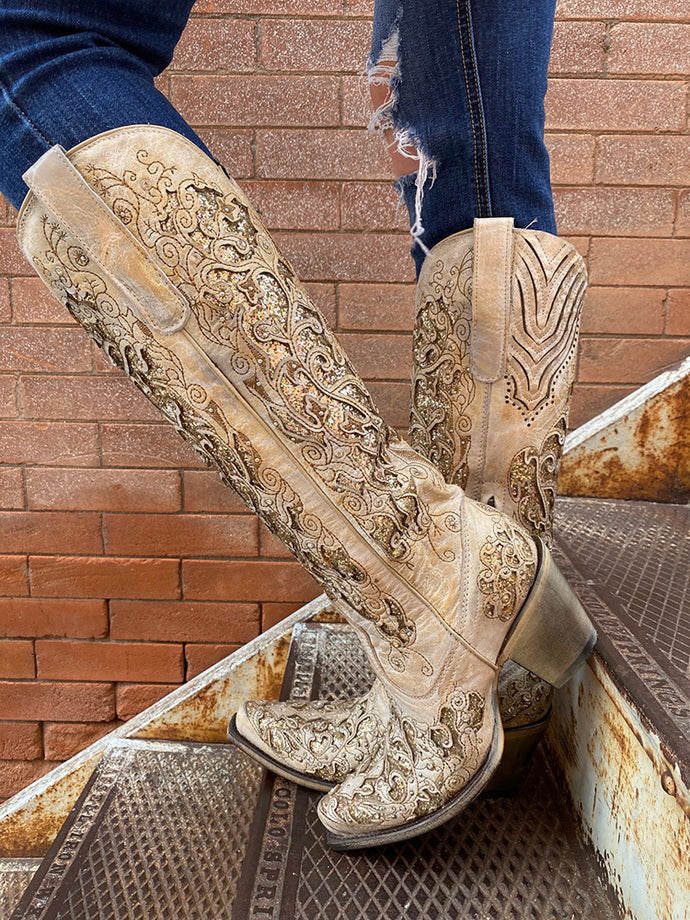 Fashion Women's Corral Boots Wedding Beige Cowgirl Boots