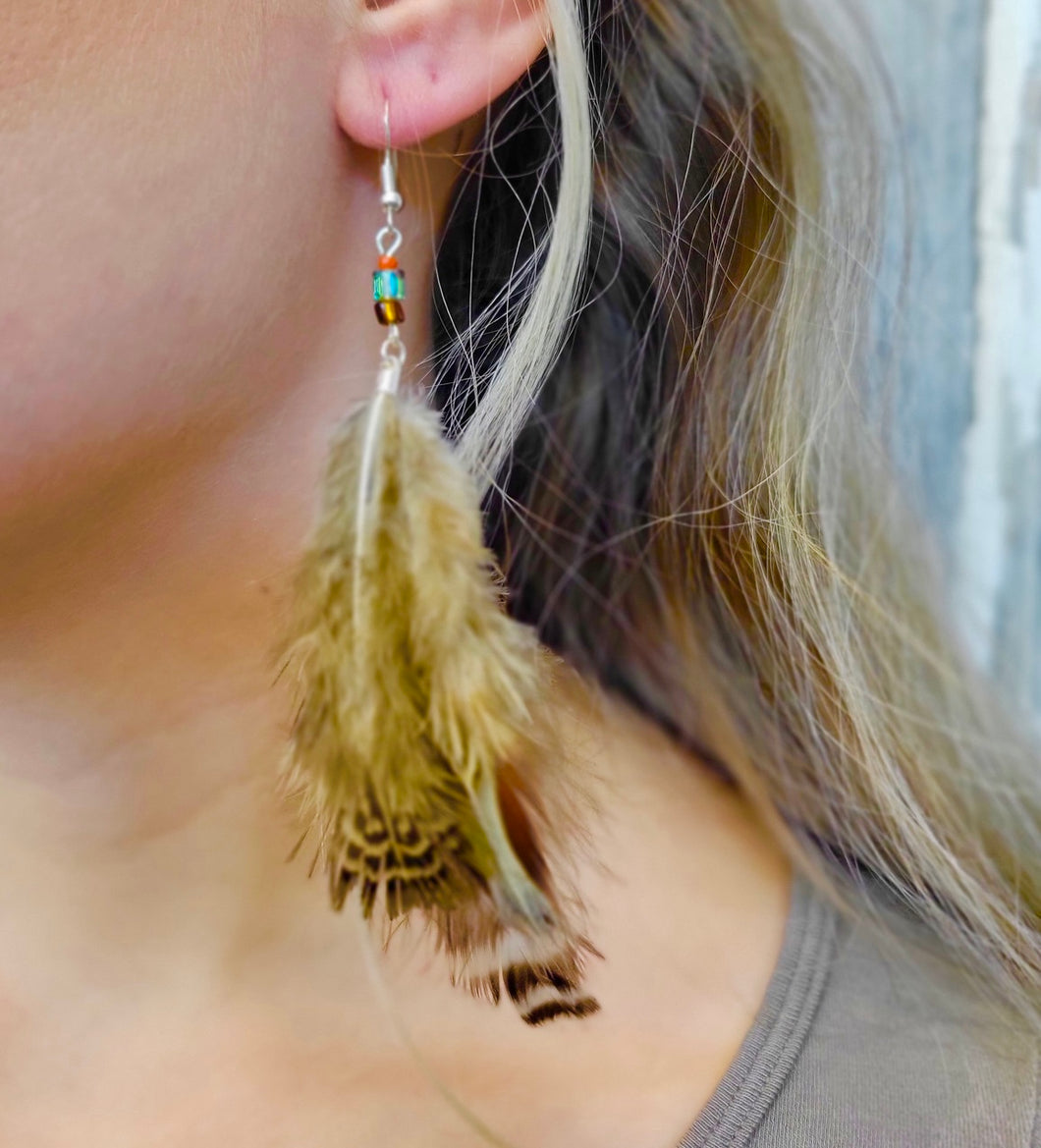 Designed and handmade in America by Tailored West™ Autumn Evening Feather Earrings - Brown and Teal