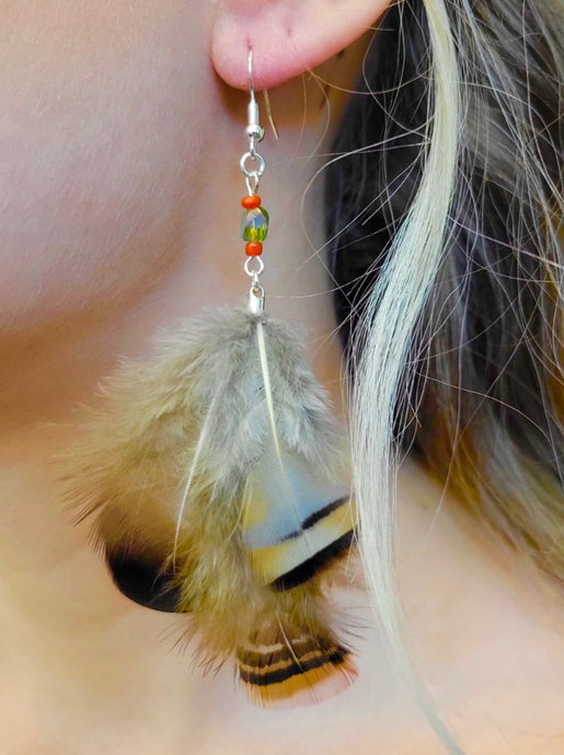 Designed and handmade in America by Tailored West™ Autumn Fire Feather Earrings - Brown, Orange and Teal