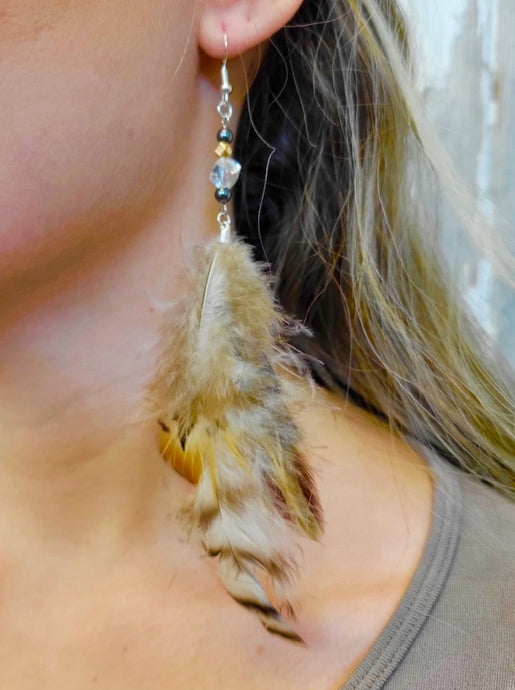 Designed and handmade in America by Tailored West™ Autumn Sun Feather Statement Earrings - Brown, and Gold